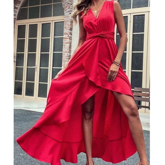 RED High Low Hem Twist Waist Maxi Dress - Picture 1 of 8